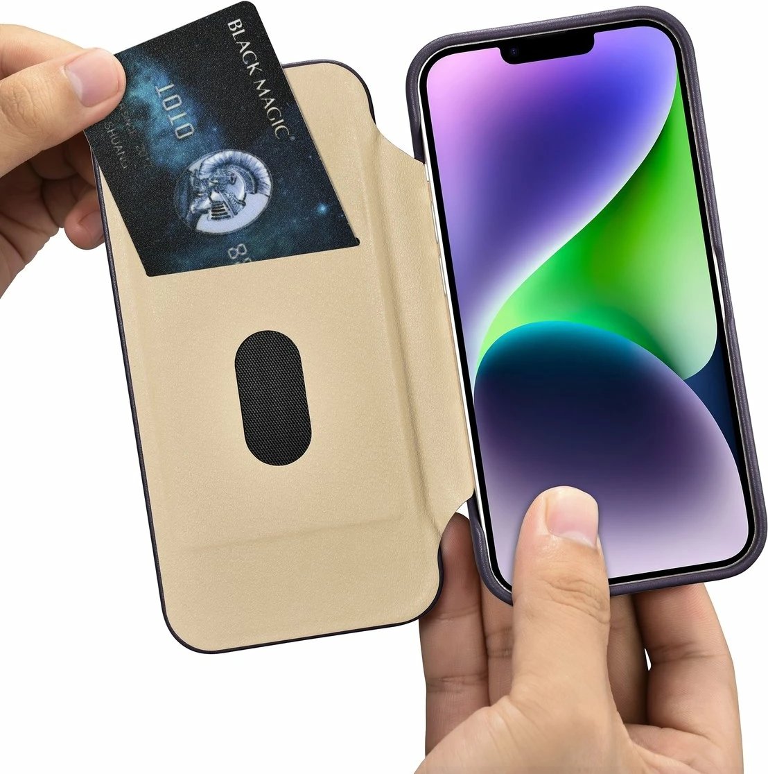 Mbështjellës iCarer CE Premium lëkurë, për iPhone 14 Plus, MagSafe, vjollcë e errët