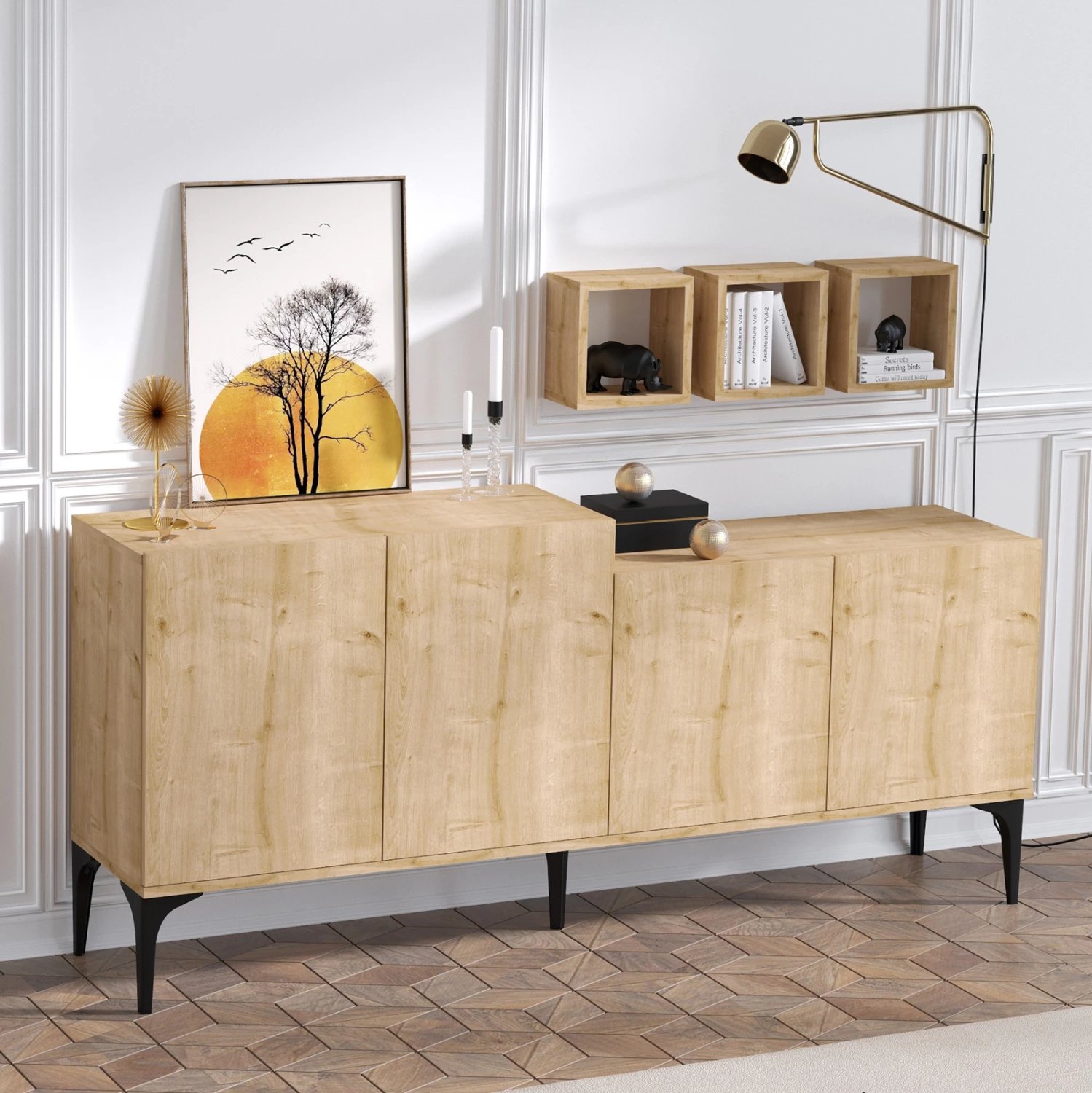 Bufe dhe 3 rafte muri melamine ngjyrë natyrale 180x40x85Hcm.FH9430.01
