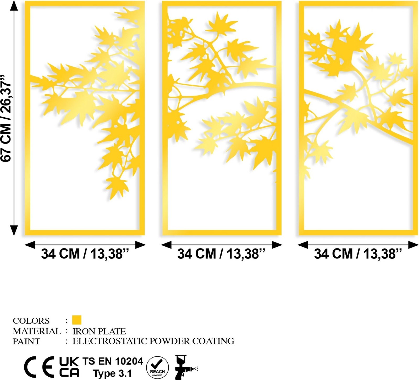 Aksesor dekorativ metalik për mur, Wallity, pemë të arta, 3 copë
