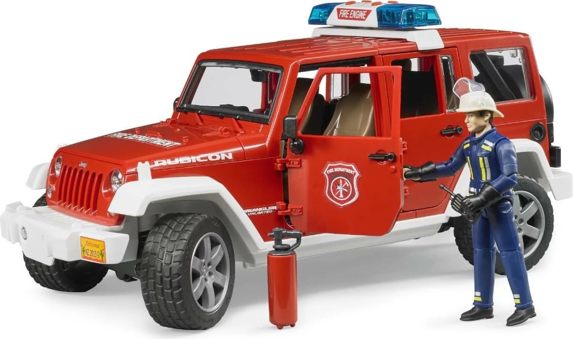 Makina lodër BRUDER Jeep Wrangler zjarrfikës BR-02528, shkallë 1:16, modul dritë/tingull, me figurë, e kuqe/zezë/bardhë