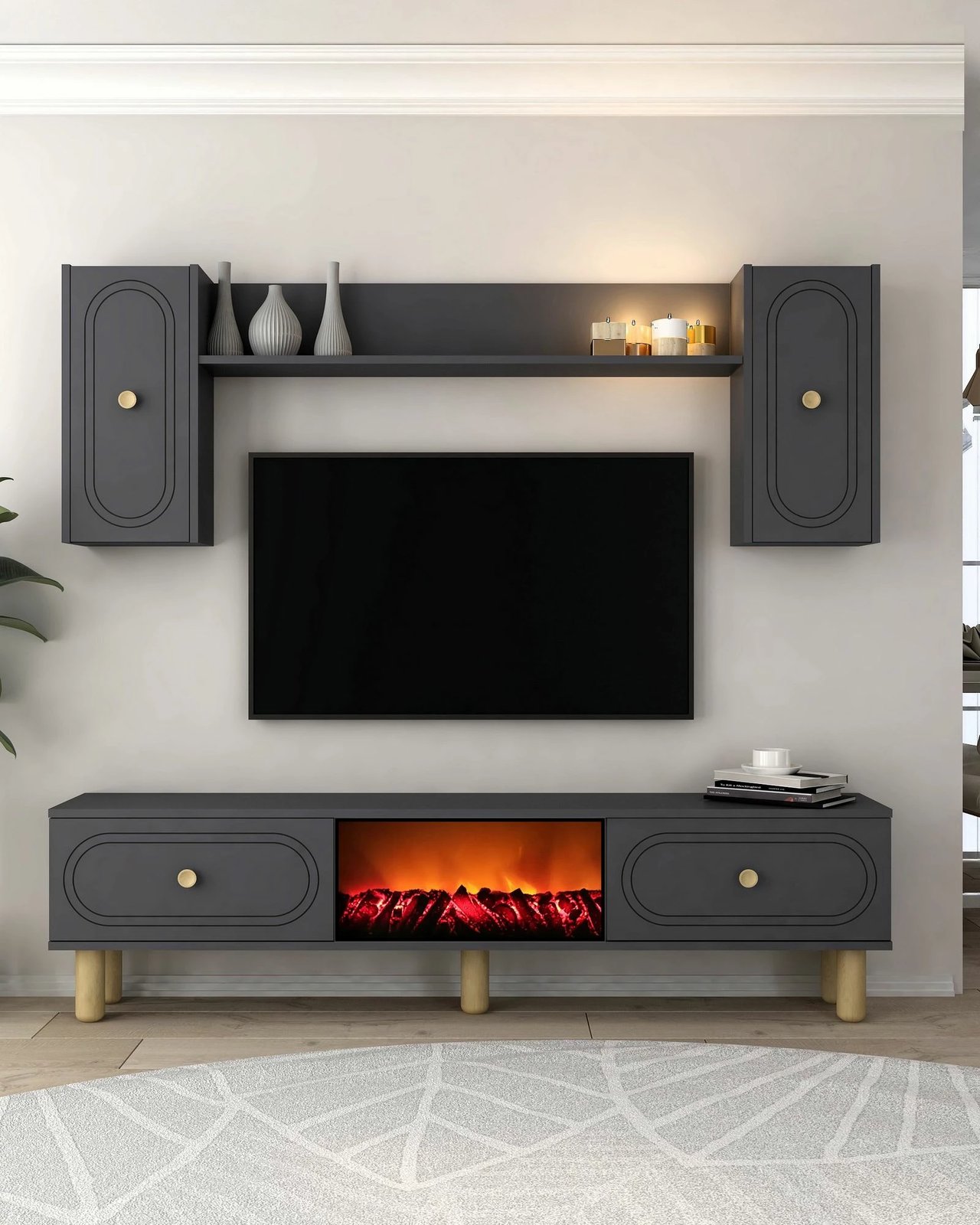 Njësi TV Skye Decor, oxhak dekorativ Polen Bohem, ngjyrë antracit