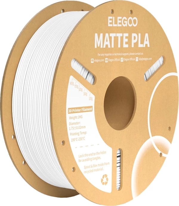 Filament PLA Matte Elegoo 1 kg, 1.75 mm, Bardhë