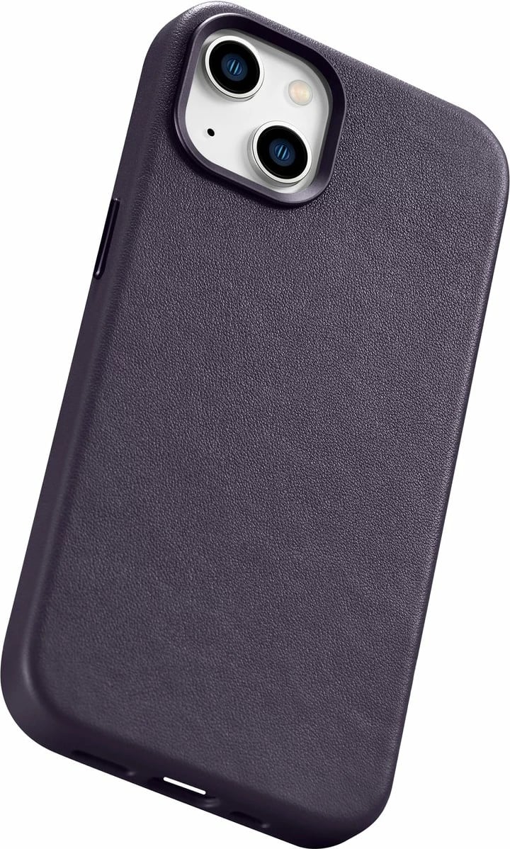 Mbështjellës iCarer për iPhone 14, lëkurë natyrale, MagSafe, Vjollcë e errët