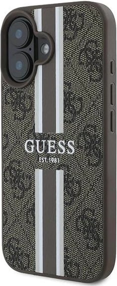 Mbështjellës Guess 4G Printed Stripes MagSafe për iPhone 16 Plus, Kafe