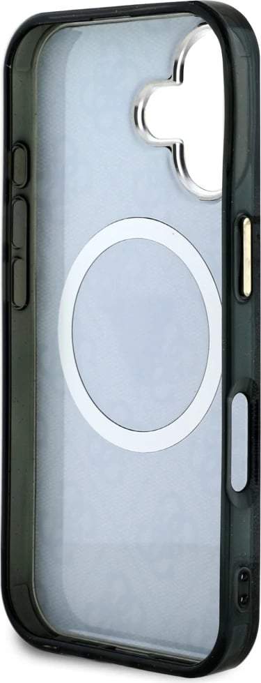 Mbështjellës Guess IML Metal Glitter 4G Circle Triangle MagSafe për iPhone 16, i zi Mbështjellës Guess IML Metal Glitter 4G Circle Triangle MagSafe për iPhone 16, i zi