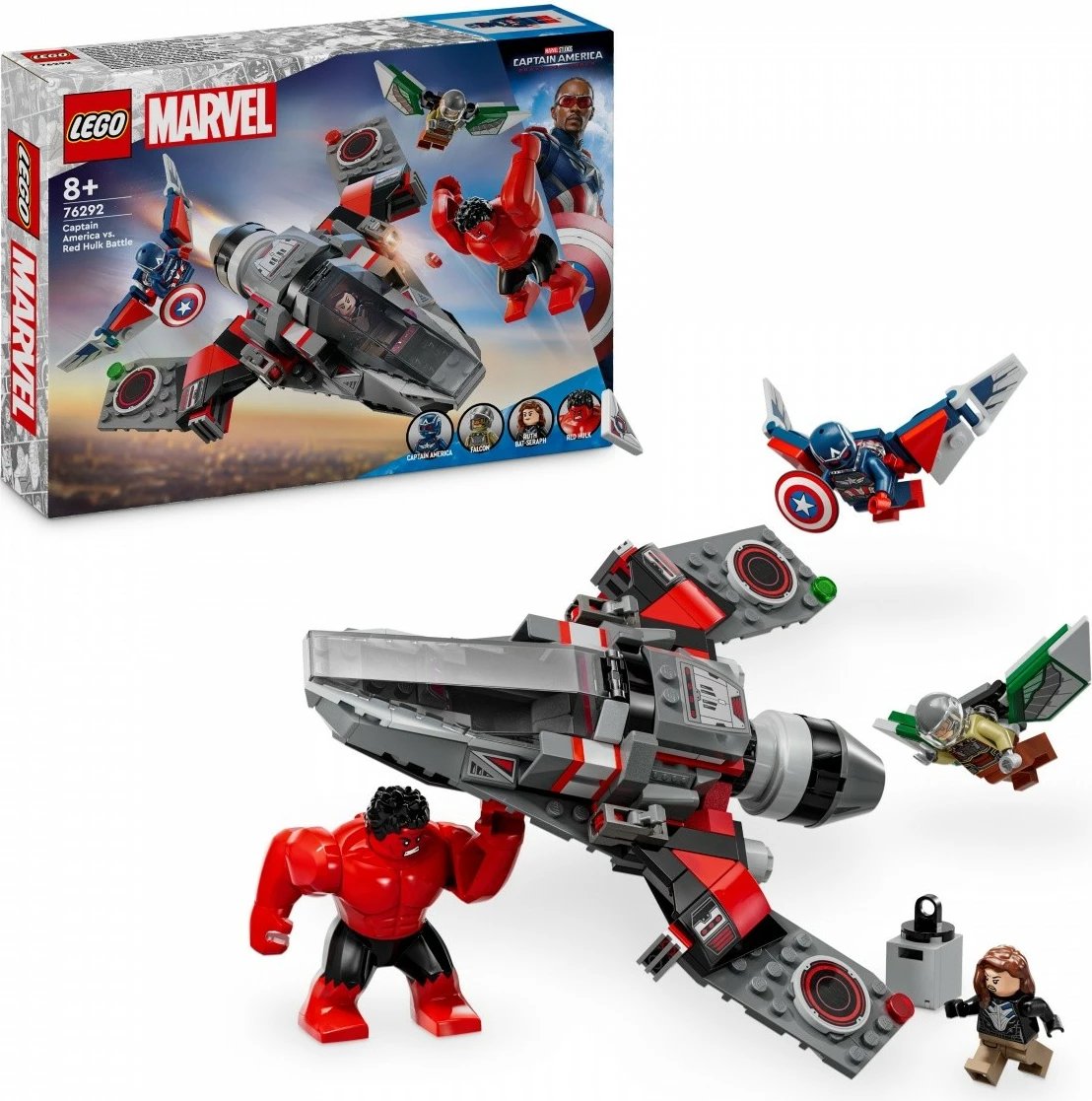 Set LEGO Marvel Captain America vs Red Hulk Battle 76292, 223 pjesë, me minifigura dhe avion luftarak Set LEGO Marvel Captain America vs Red Hulk Battle 76292, 223 pjesë, me minifigura dhe avion luftarak