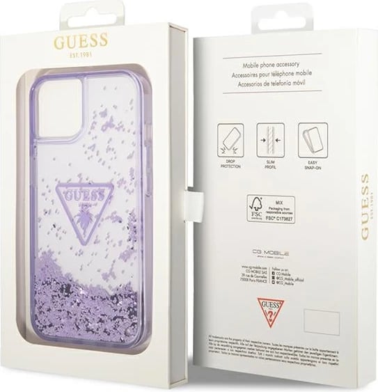 Mbështjellës Guess Liquid Glitter Palm për iPhone 14 Plus 6.7", vjollcë