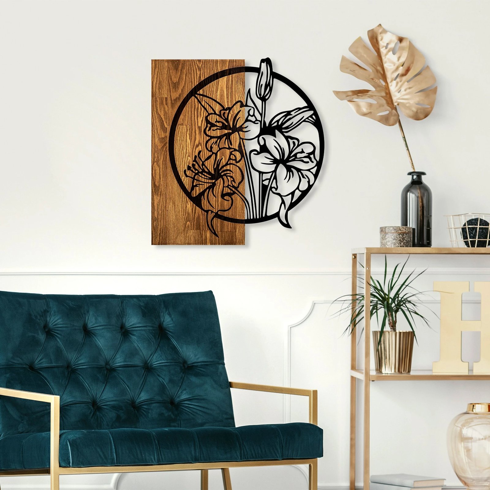 Aksesor dekorativ prej druri për mur, Wallity, lule, ngjyrë arre dhe e zezë