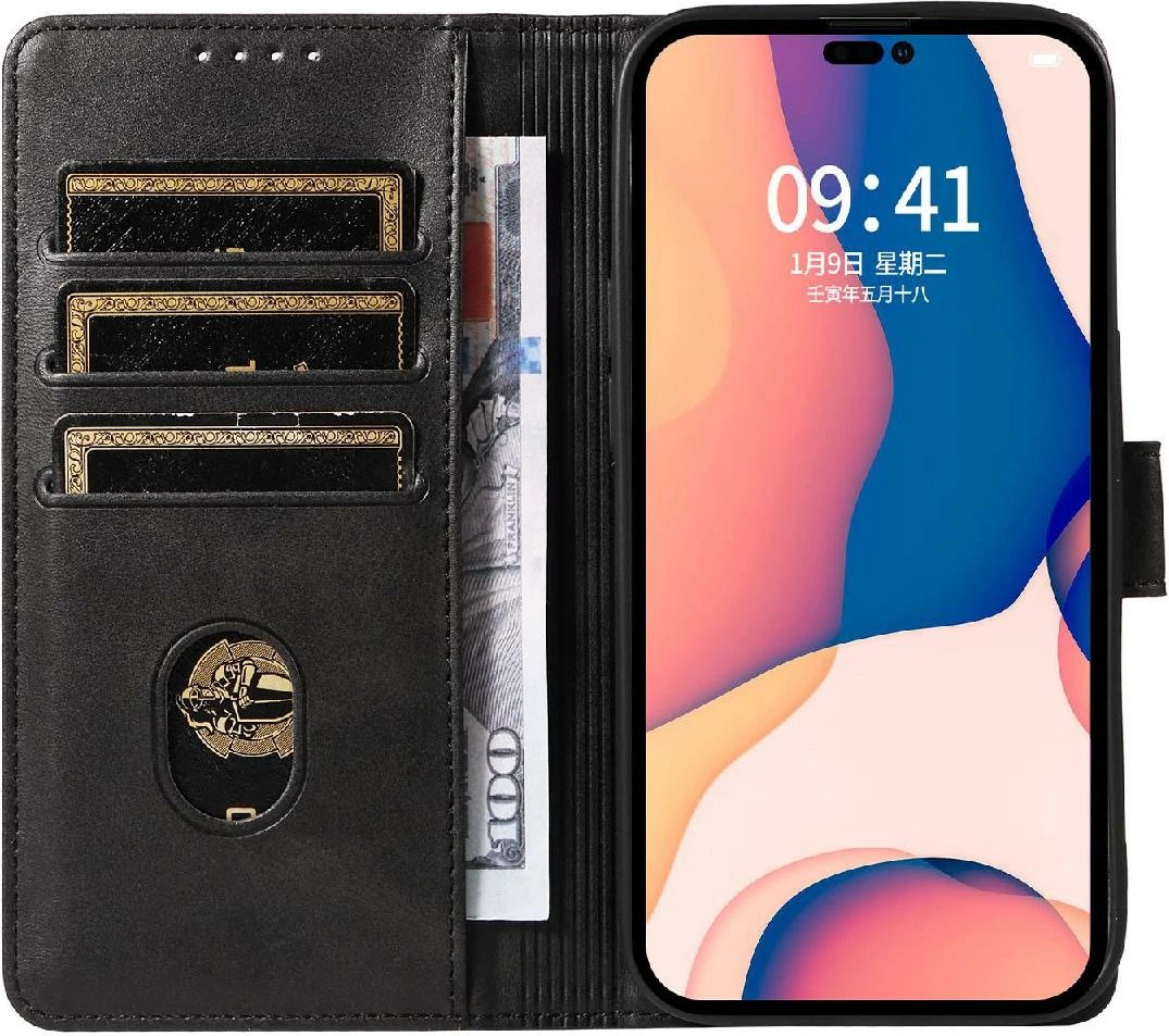 Mbështjellës Hurtel Leather Book Case për iPhone 16 Pro, e zezë