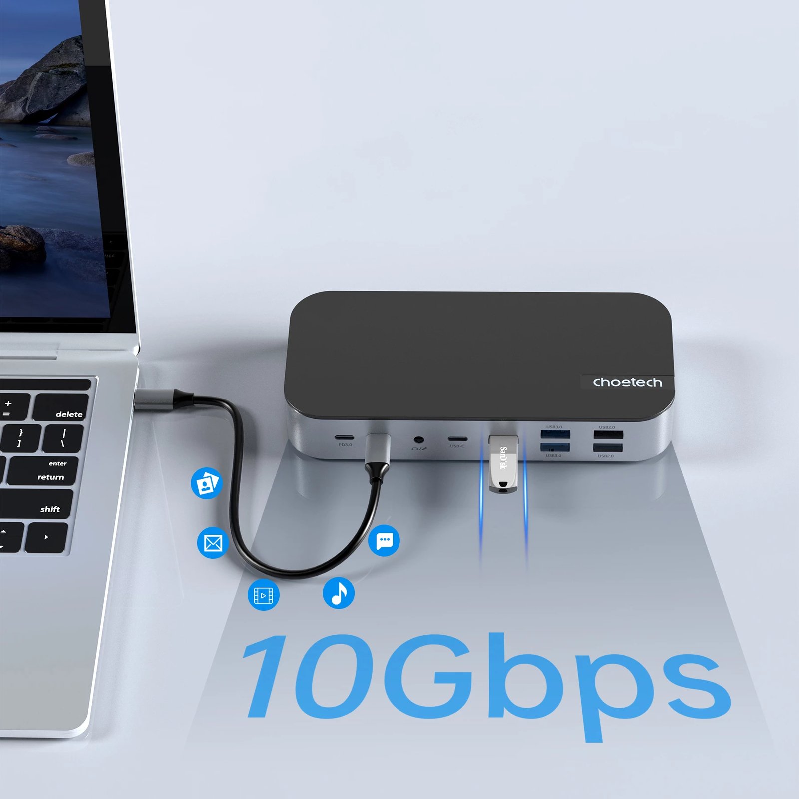 Kasë Choetech HUB-M52, USB-C, HDMI, VGA, DP, SD, RJ45, Gri