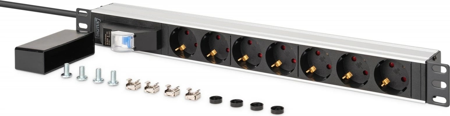 Shirit rryme PDU rack 19", Digitus DN-95439, 7 Schuko, ndërprerës tip C 16A, kabllo 1.8 m CEE 7/7, 4000 W, alumin, zi/argjend