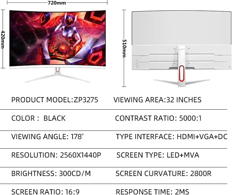32 inch Monitor Gaming STARDOM ZP3275 4k 75Hz 1ms borderless curved