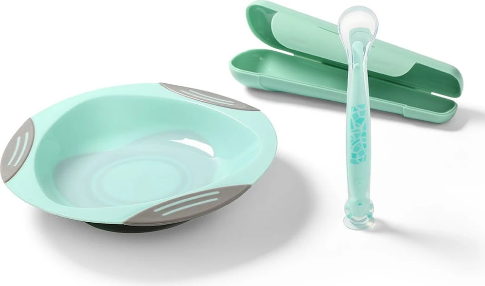 Lugë silikoni me kupë thithëse, Baby Ono, me kuti transporti, për 6m+, jeshile, paketim 1 lugë + kuti