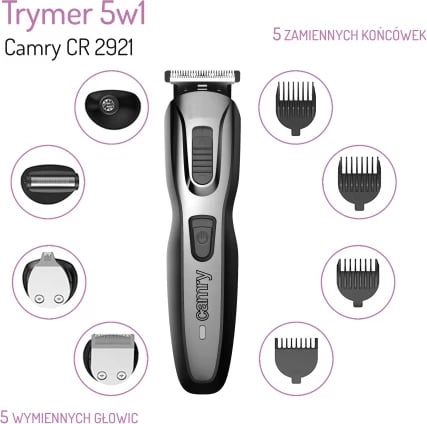 Trimmer, Camry CR 2921, 5 në 1, pa kabllo, 48W, set me bazë-karikues