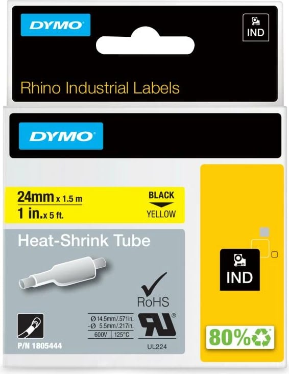 Tubë tkurrëse për etiketim kabllosh, Dymo RHINO 1805444, raport 3:1, polyolefin industrial, për Rhino, e zezë mbi të verdhë