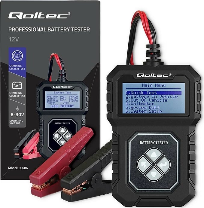 Tester baterie Qoltec 50686, dixhital, LCD, për makina, 12V, 30-220Ah, i zi