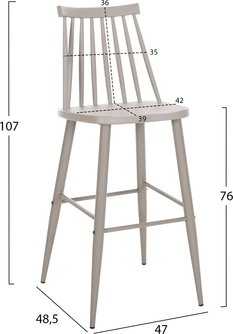 Karrige për bar, vend i lartë, VANESSA FH8459.20, gri PP & këmbë metalike gri, 47x48,5x107H cm., set prej 2 copë