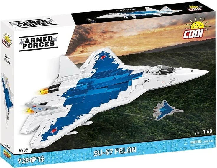 Set blloqe ndërtimi, Cobi, COBI-5909 SU-57 Felon 1:48, 928 copa, me figurë piloti dhe bazë ekspozimi, plastikë, kamuflazh blu-bardhë