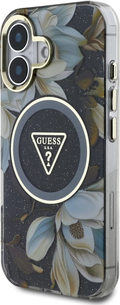 Mbështjellës Guess Glitter Flowers Triangle Buttons MagSafe për iPhone 16, i zi