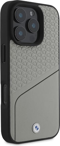 Mbështjellës BMW Sign me teksturë lëkure dhe MagSafe për iPhone 16 Pro, Gri