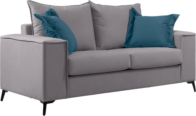 Set divanësh Verona 2 copë, pëlhurë gri e çelët me jastëkë ngjyrë blu