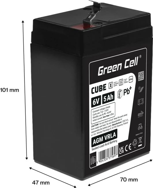 Bateri AGM VRLA, Green Cell, AGM6V5AH-J, 6V 5Ah, IP54, e zezë