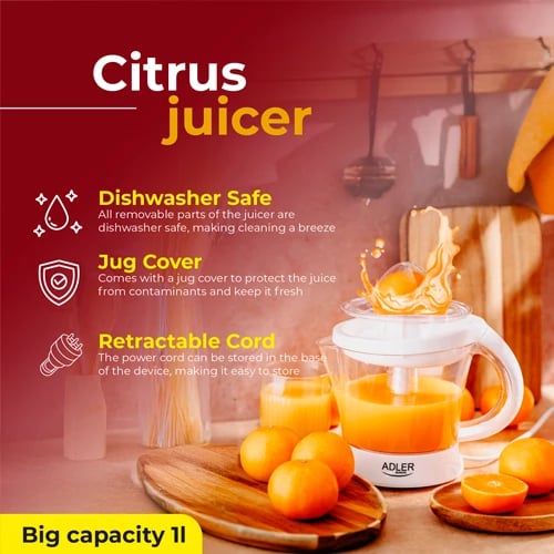 Shtrydhëse agrumesh, Adler AD 4014, 1L, 40W (60W max), auto start/stop, 2 konuse, e bardhë