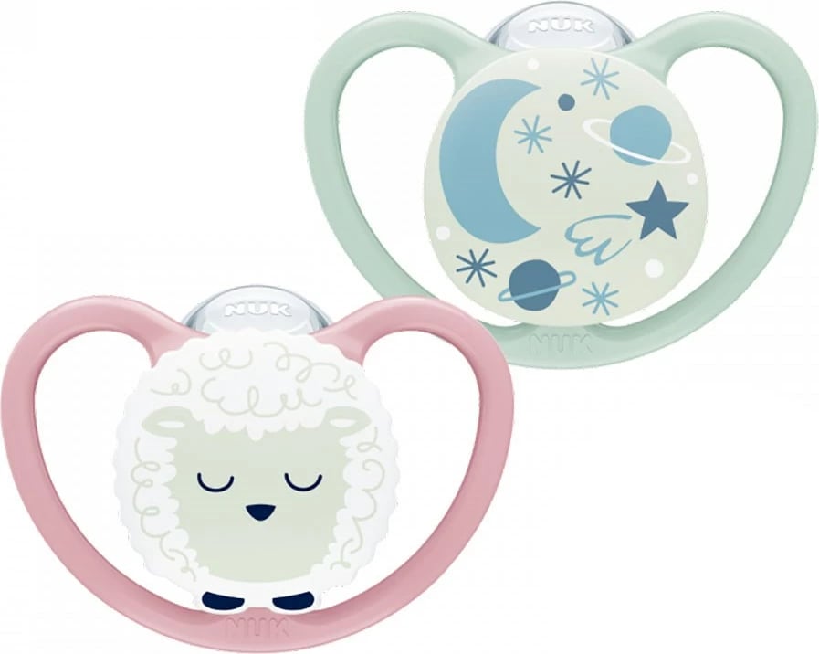 Cicë qetësuese, NUK, Happy Nights, 6-18 muaj, shkëlqen në errësirë, 2 copë, rozë