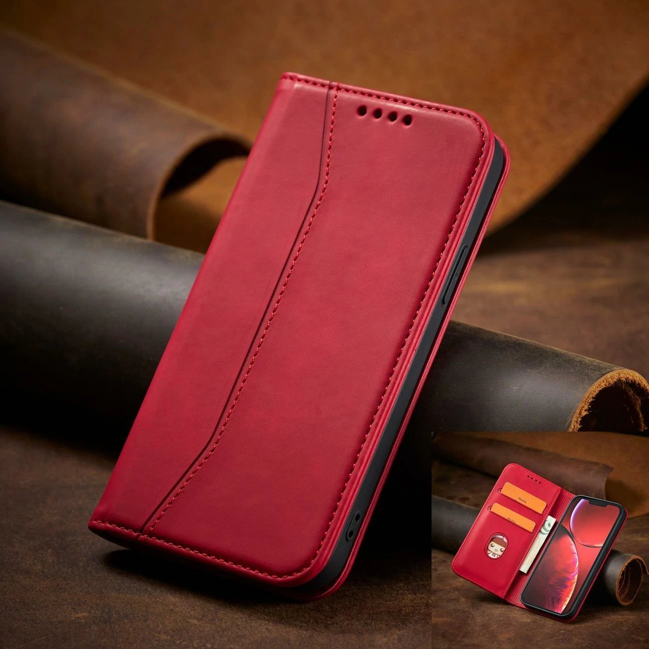 Mbështjellës Hurtel Magnet Fancy Case për iPhone 14 Pro, portofol, qëndrim, e kuqe