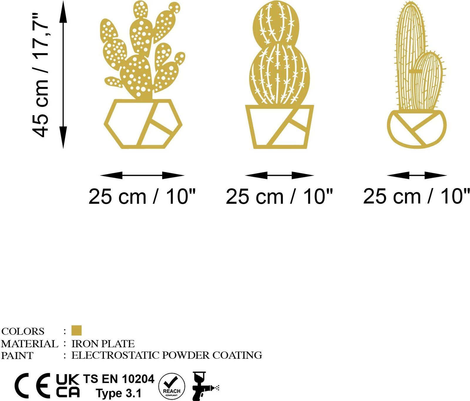 Aksesor dekorativ metalik për mur, kaktus, ngjyrë ari, set prej 3 copash