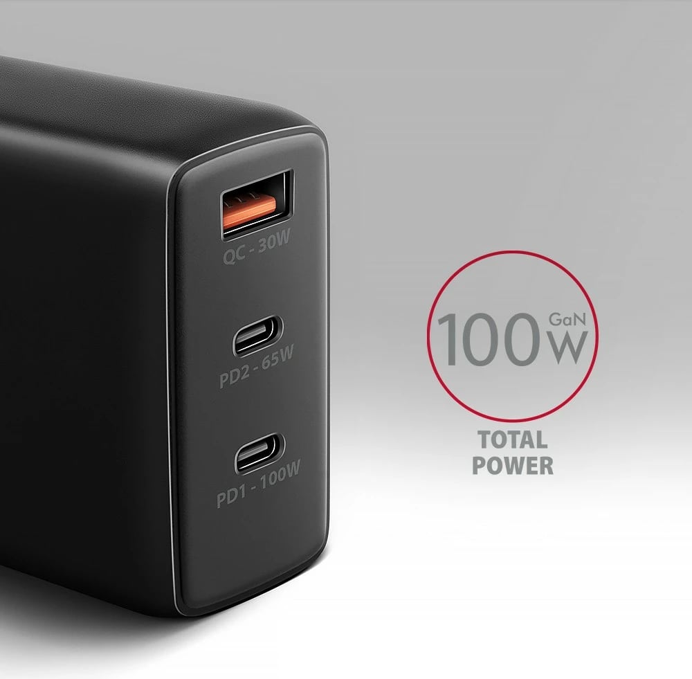 Karikues udhëtimi AXAGON ACU-DPQ100, 100W, 3 porta (USB-A + 2x USB-C), GaN, i zi