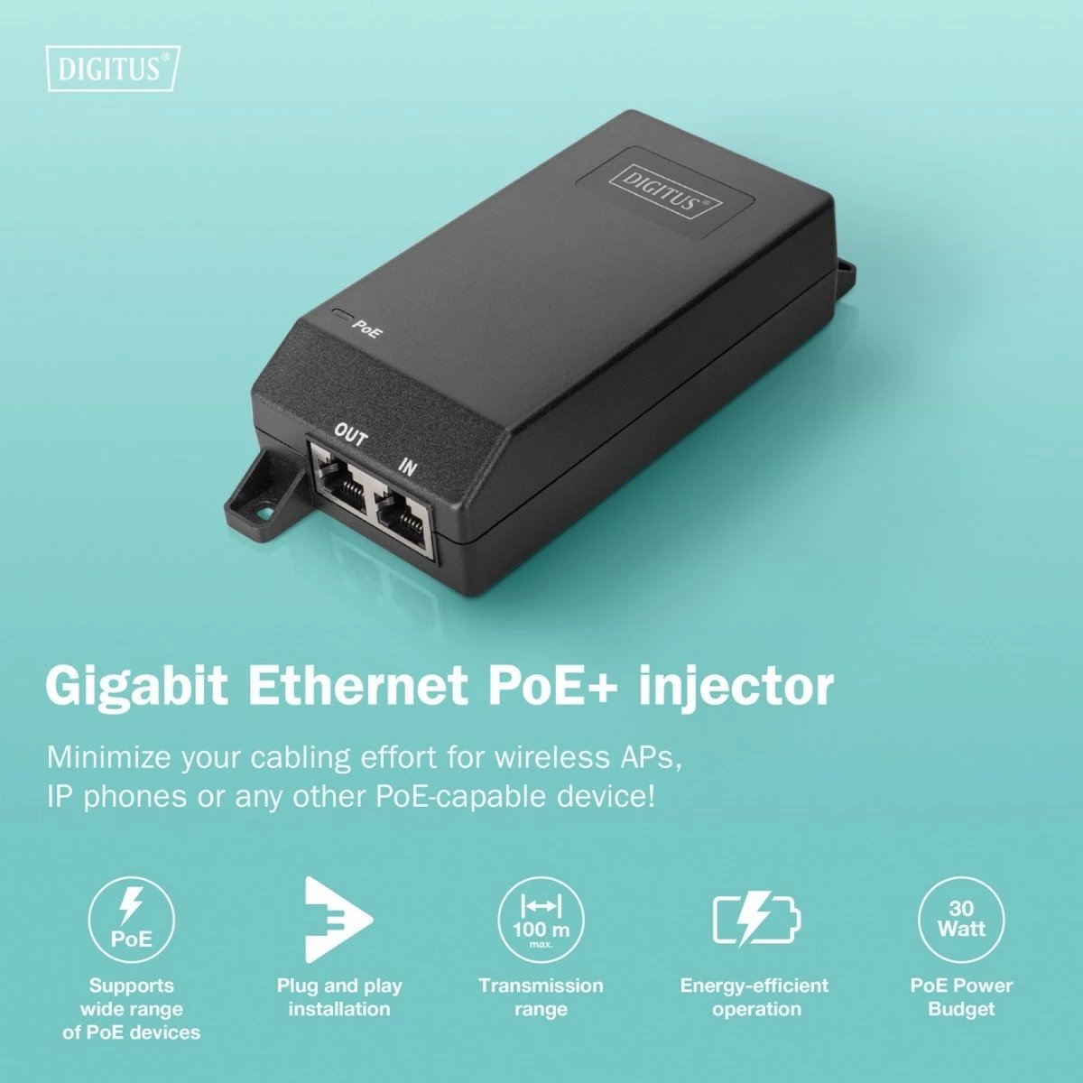 Adapter PoE+, Digitus, DN-95103-3, IEEE 802.3af/at, 55V 30W, 10/100/1000 Mbps, deri 100 m, e zezë