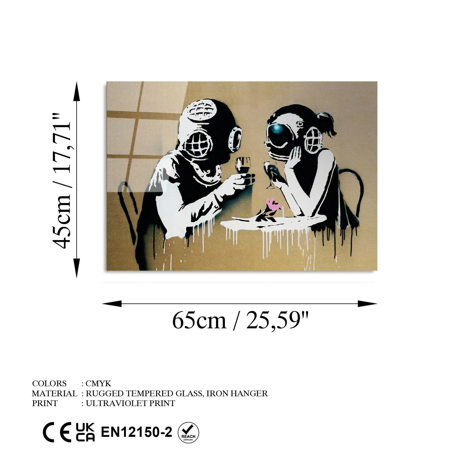 Pikturë dekorative prej xhami të temperuar, Banksy, shumëngjyrëshe, 45x65cm