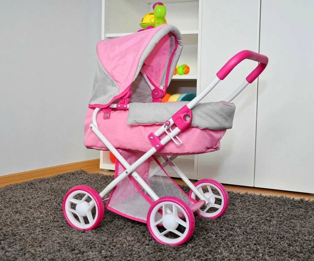 karrocë për kukulla, Milly Mally, Alice Prestige, e thellë me djep të heqshëm, për kukulla deri 40 cm, palosëse, rozë