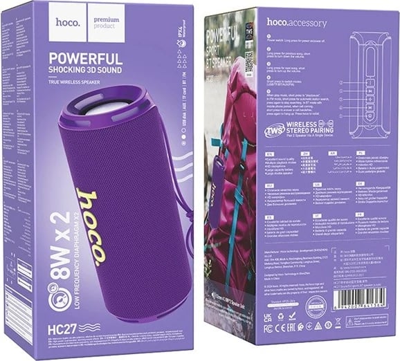 Altoparlant portativ HOCO HC27, Bluetooth/FM/TF/USB/AUX, 2x8W, i purpurt