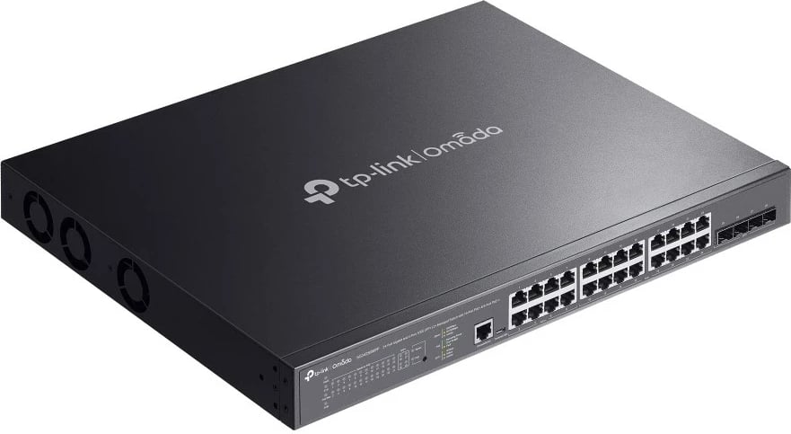 Switch TP-LINK SG3428XMPP Omada, 24 porte Gigabit PoE+, 4 porte SFP+, kasë rack, i zi