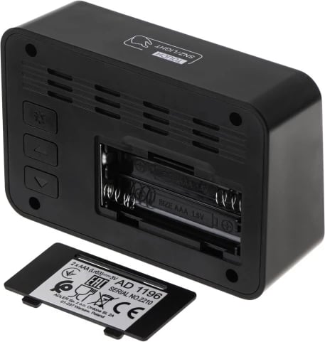 Orë alarmi, Adler AD 1196, 3 alarme, ekran me ndriçim, ora/data/temperatura/lagështia, me bateri 2xAAA, e zezë