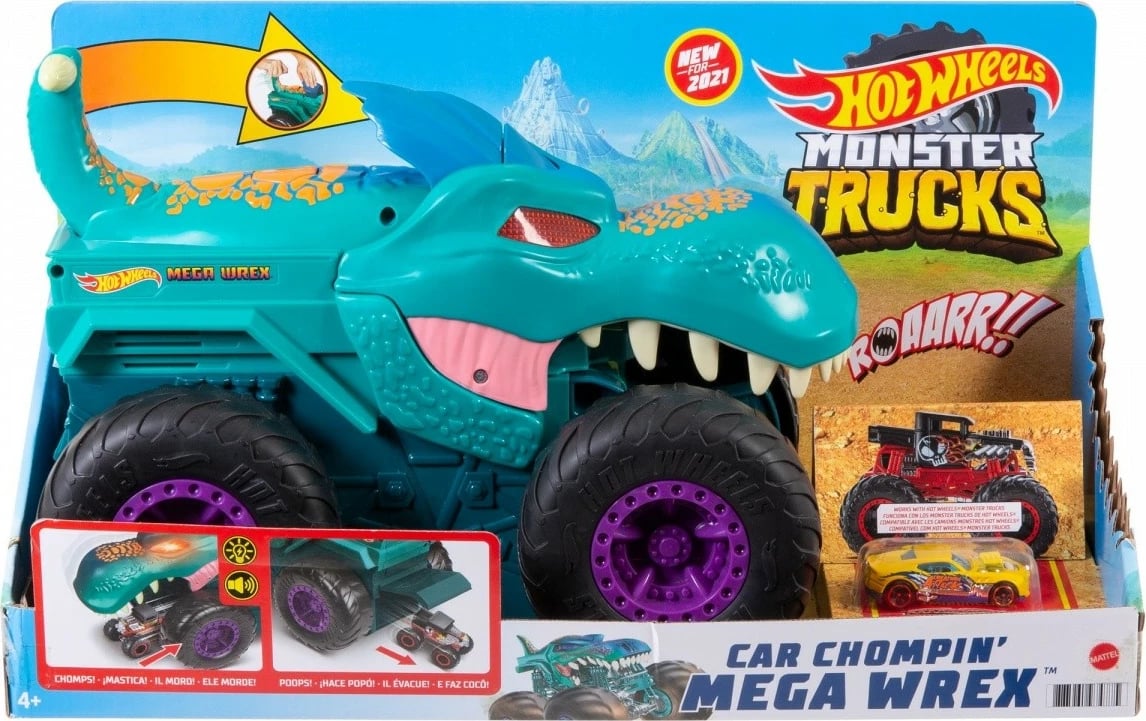 Lodër Hot Wheels Mega Wrex Car Eater Vehicle, me efekte zanore dhe dritash, për fëmijë, Set me makinë metalike, Ngjyrë kaltër/portokalli