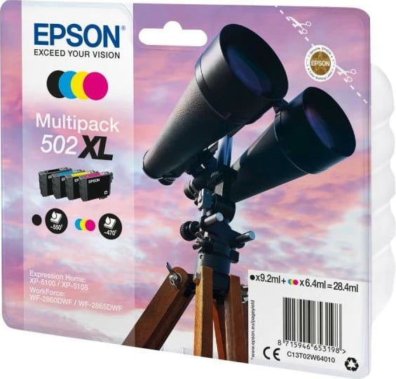 Kartush boje, Epson 502XL (C13T02W64010), kapacitet i lartë XL, origjinal, CMYK 4‑ngjyra, multipack