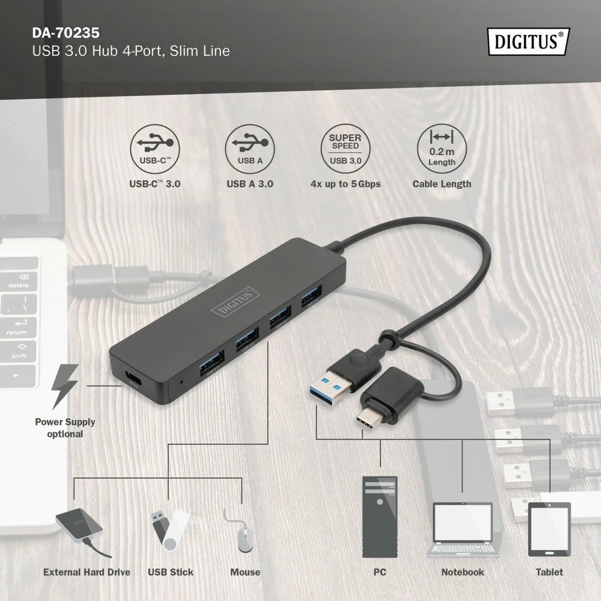 Hub USB Digitus DA-70235, 4 porta USB 3.0, USB-A + USB-C, i zi