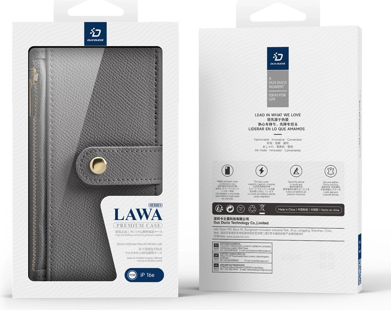 Mbështjellës Dux Ducis Lawa për iPhone 16e, lëkurë, me portofol magnetik, Gri