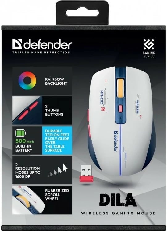 Maus wireless Defender MM-282 DILA, 1800 DPI, RGB, Blu/Bardhë