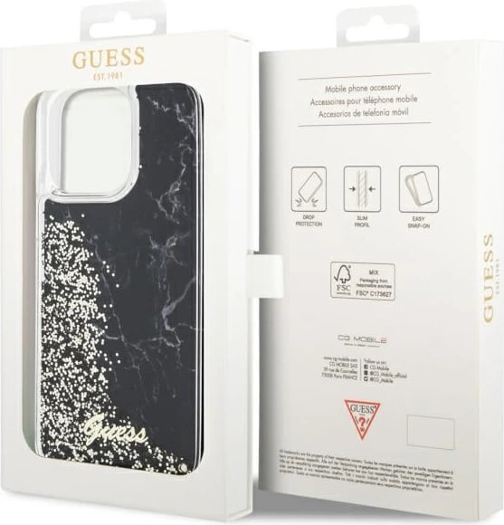 Mbështjellës Guess Liquid Glitter Marble për iPhone 14 Pro Max 6.7", i zi Mbështjellës Guess Liquid Glitter Marble për iPhone 14 Pro Max 6.7", i zi