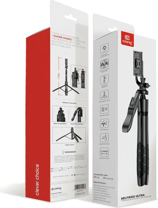 Selfie stick tripod CRONG SelfieGo Ultra me Bluetooth, 33-157.5cm, i zi