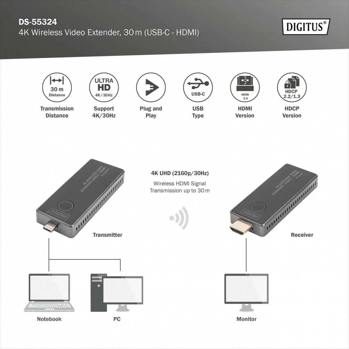 Set wireless HDMI extender Digitus DS-55324, UHD 4K, 30m, USB-C, zi/argjendtë Set wireless HDMI extender Digitus DS-55324, UHD 4K, 30m, USB-C, zi/argjendtë