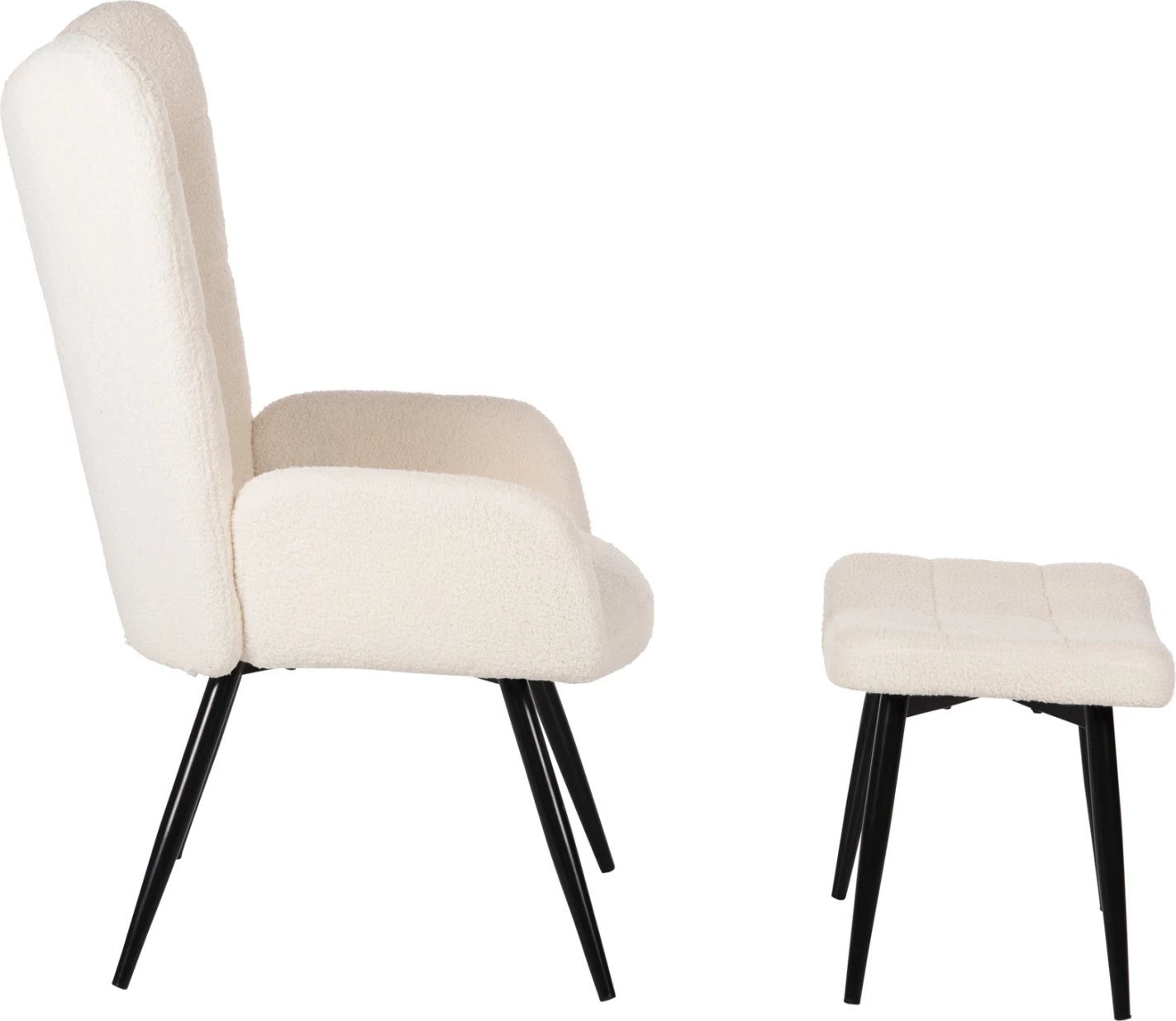 Fotel CRAWLEY me tabure, stof boucle i bardhë, këmbë metalike të zeza, FH8918.25, 70x74x105cm