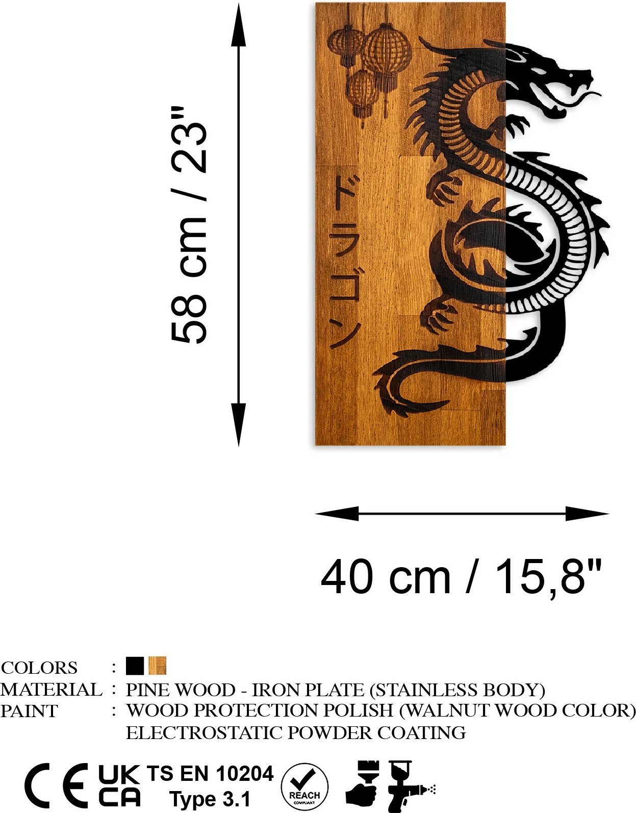 Aksesor dekorativ druri për mur, dragoi, ngjyrë arre dhe e zezë