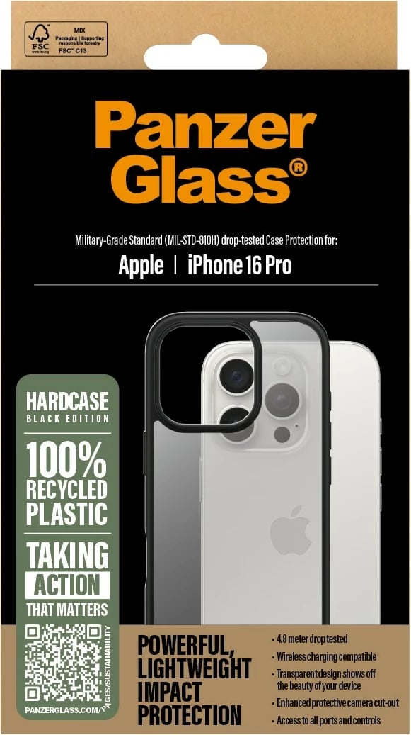 Mbështjellës PanzerGlass për iPhone 16 Pro, transparent, kornizë e zezë
