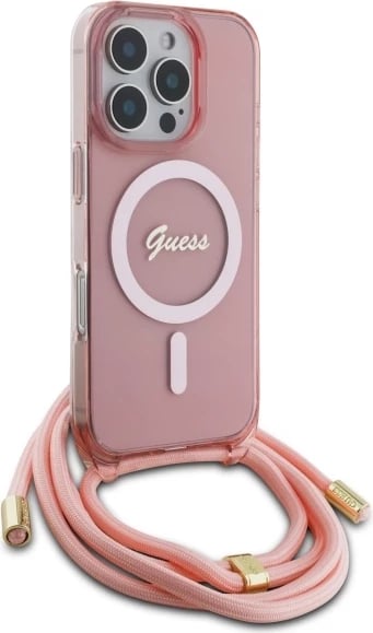 Mbështjellës Guess Crossbody Cord Script MagSafe për iPhone 16 Pro Max, Rozë