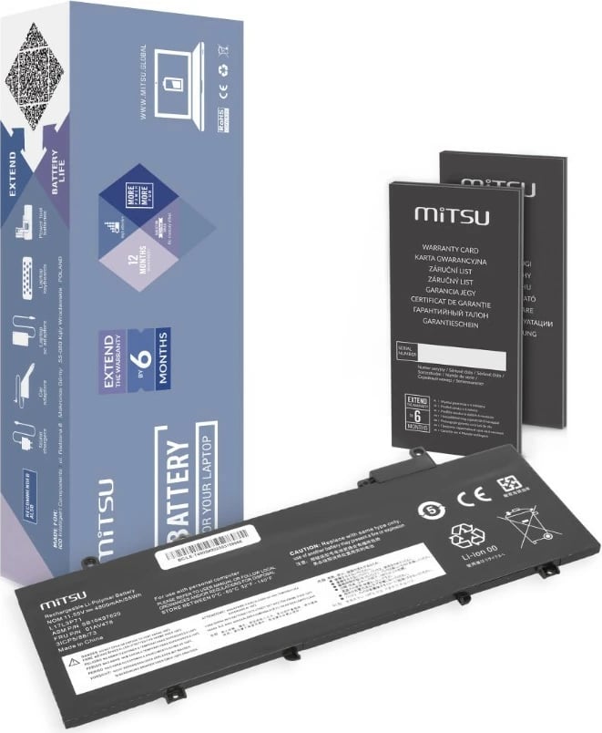 Bateri laptop Mitsu BC/LE-T480S për Lenovo ThinkPad T480S, 4800 mAh, 3 qeliza, e zezë